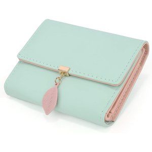 Women Small Mint Green PU Leather Leaf Pendant Zipper Coin Purse